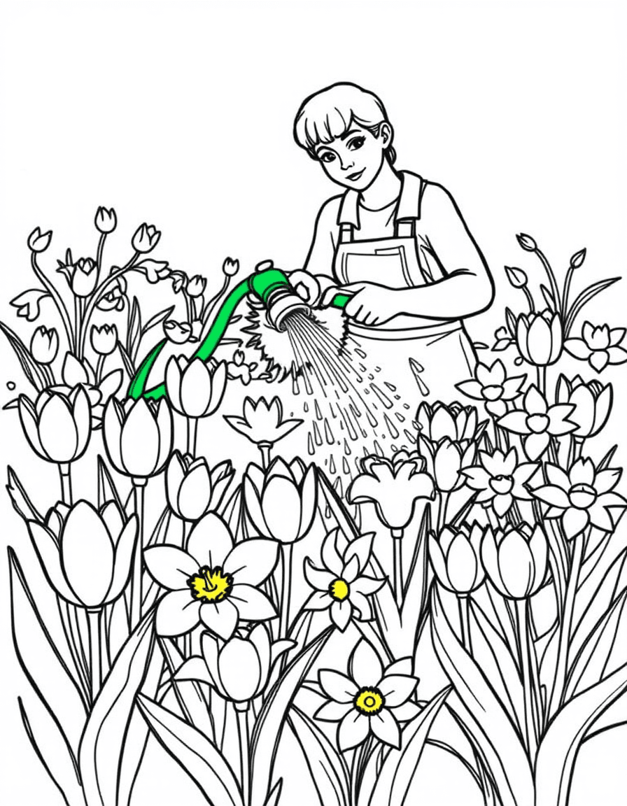 Coloriage Jardinier - Jardinier arrosant un parterre de tulipes et jonquilles épanouies avec un tuyau d'arrosage, dessin simple.
