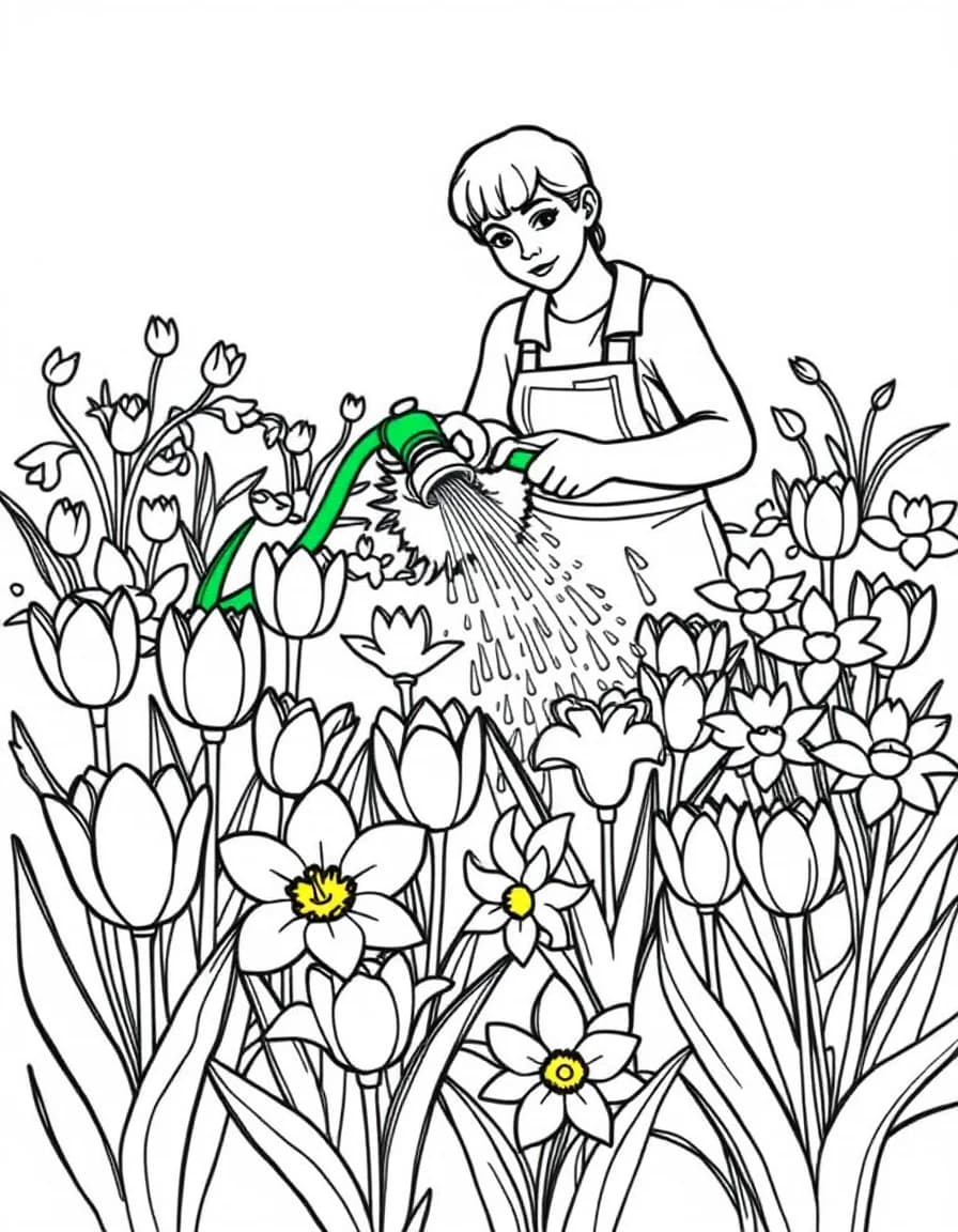Coloriage Jardinier - Jardinier arrosant un parterre de tulipes et jonquilles épanouies avec un tuyau d'arrosage, dessin simple.