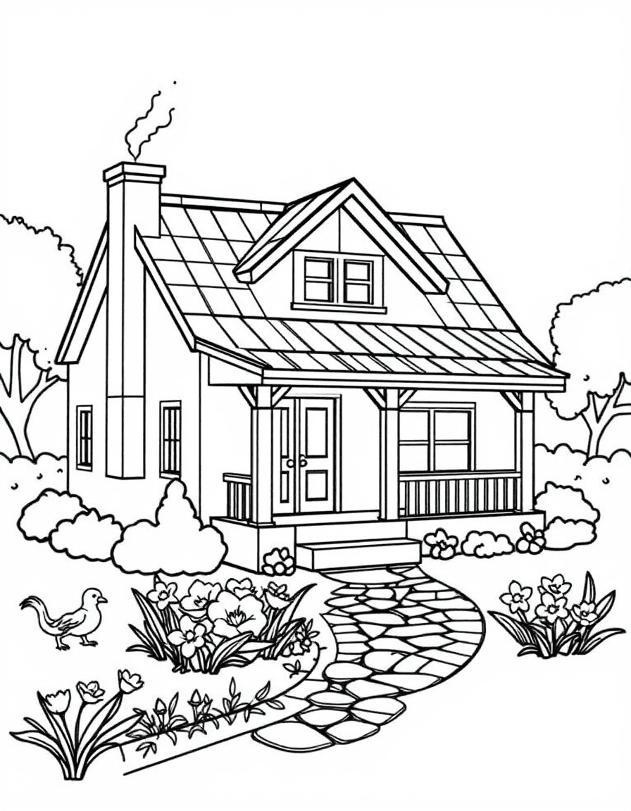 Coloriage Maison - Belle maison de famille avec toit pointu, cheminée fumante, perron d'entrée et allée fleurie, contours nets.