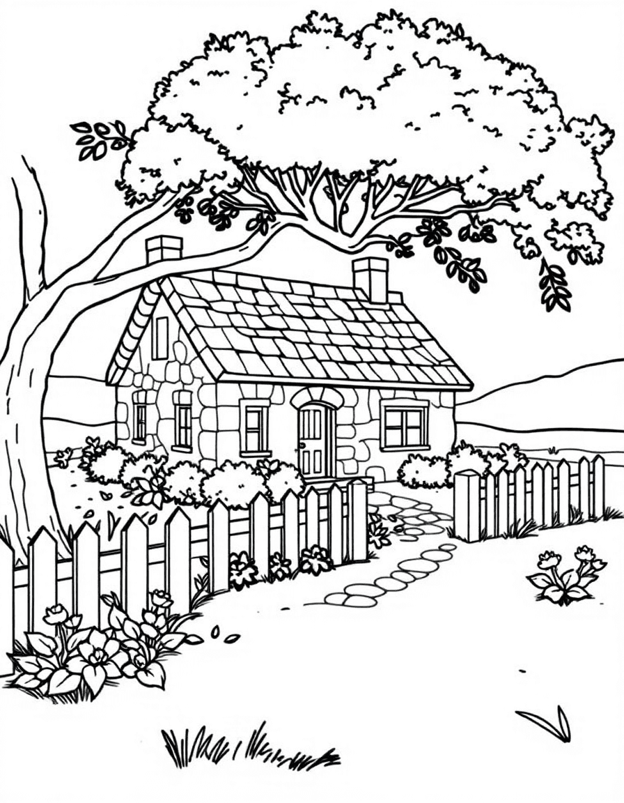 Coloriage Maison - Charmant cottage en pierre entouré d'une barrière blanche en bois, de fleurs et d'un bel arbre, dessin simple.
