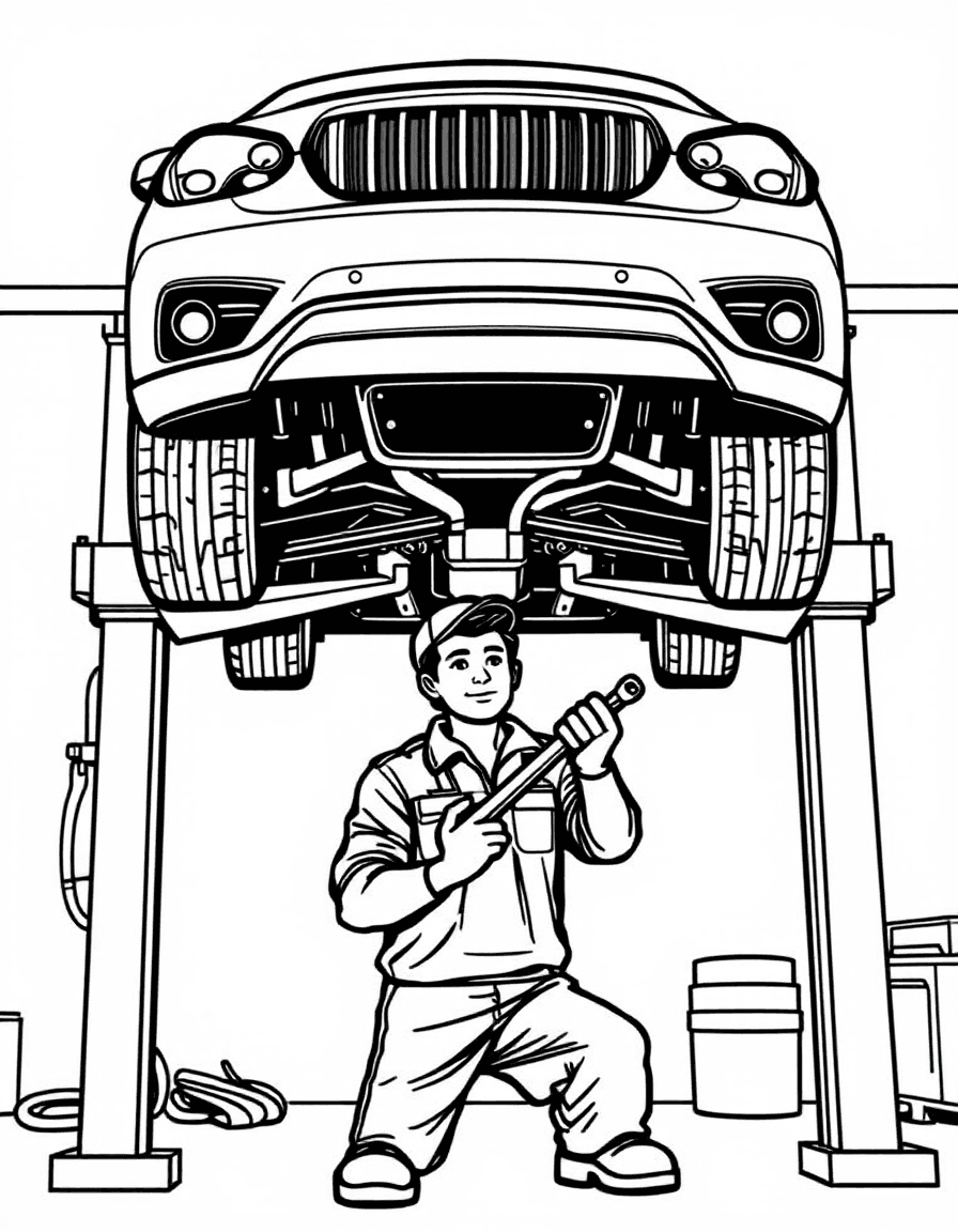 Coloriage Mécanicien - Mécanicien travaillant sous une voiture montée sur le pont élévateur du garage avec une clé à cliquet, traits nets.