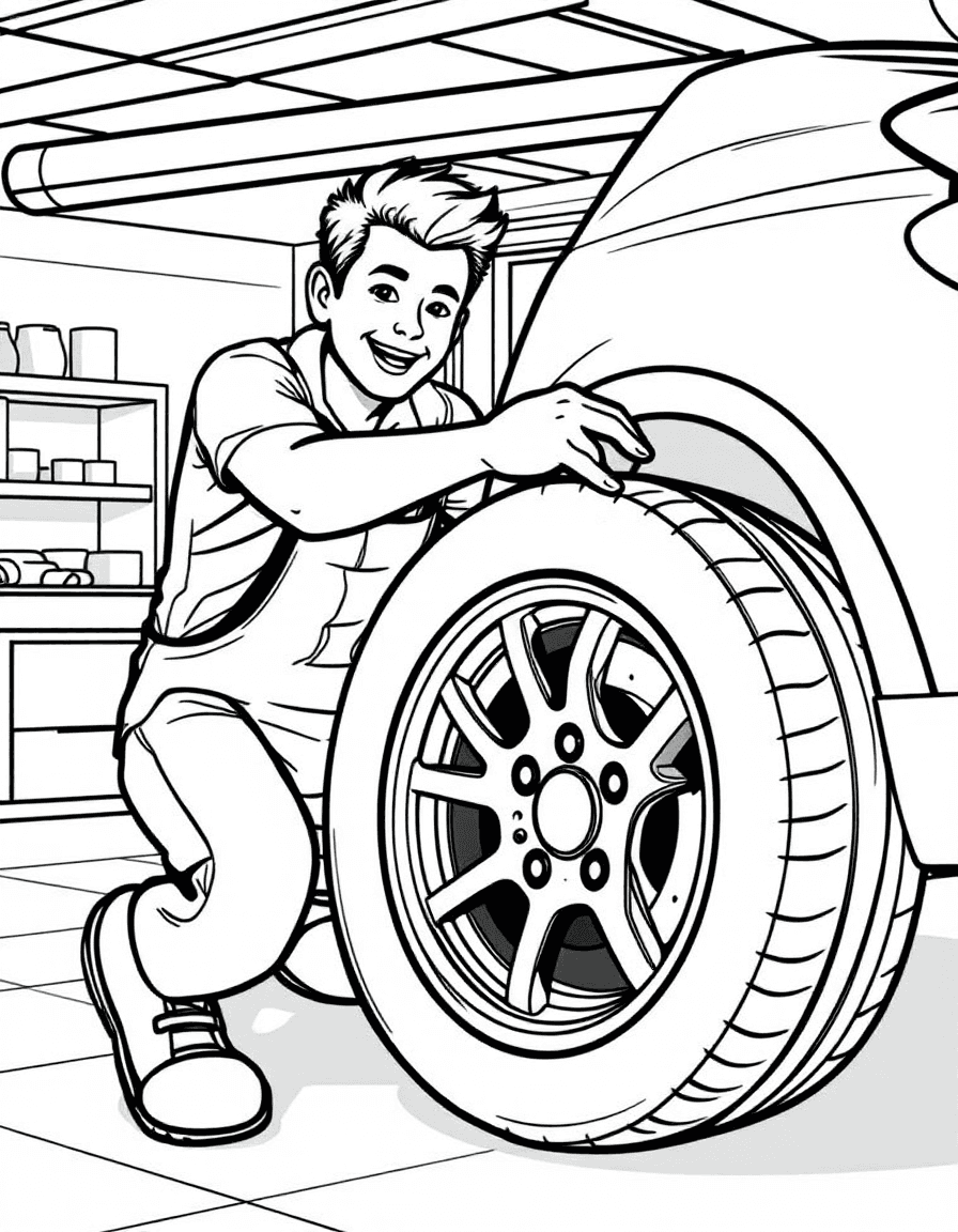 Coloriage Mécanicien - Mécanicien changeant une roue de voiture en faisant rouler un pneu neuf vers l'essieu dans le garage, dessin simple.