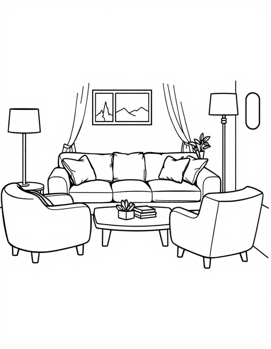 Coloriage Meubles - Ensemble de meubles de salon avec canapé douillet, fauteuil assorti, table basse et lampadaire sur pied, contours nets.