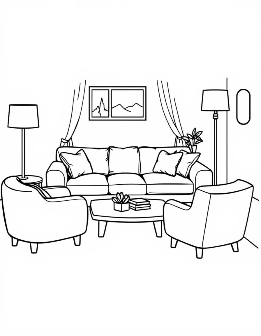 Coloriage Meubles - Ensemble de meubles de salon avec canapé douillet, fauteuil assorti, table basse et lampadaire sur pied, contours nets.