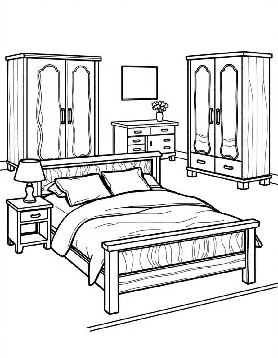 Coloriage Meubles - Mobilier de chambre comprenant un lit en bois avec oreillers moelleux, table de chevet et grande armoire, traits nets.