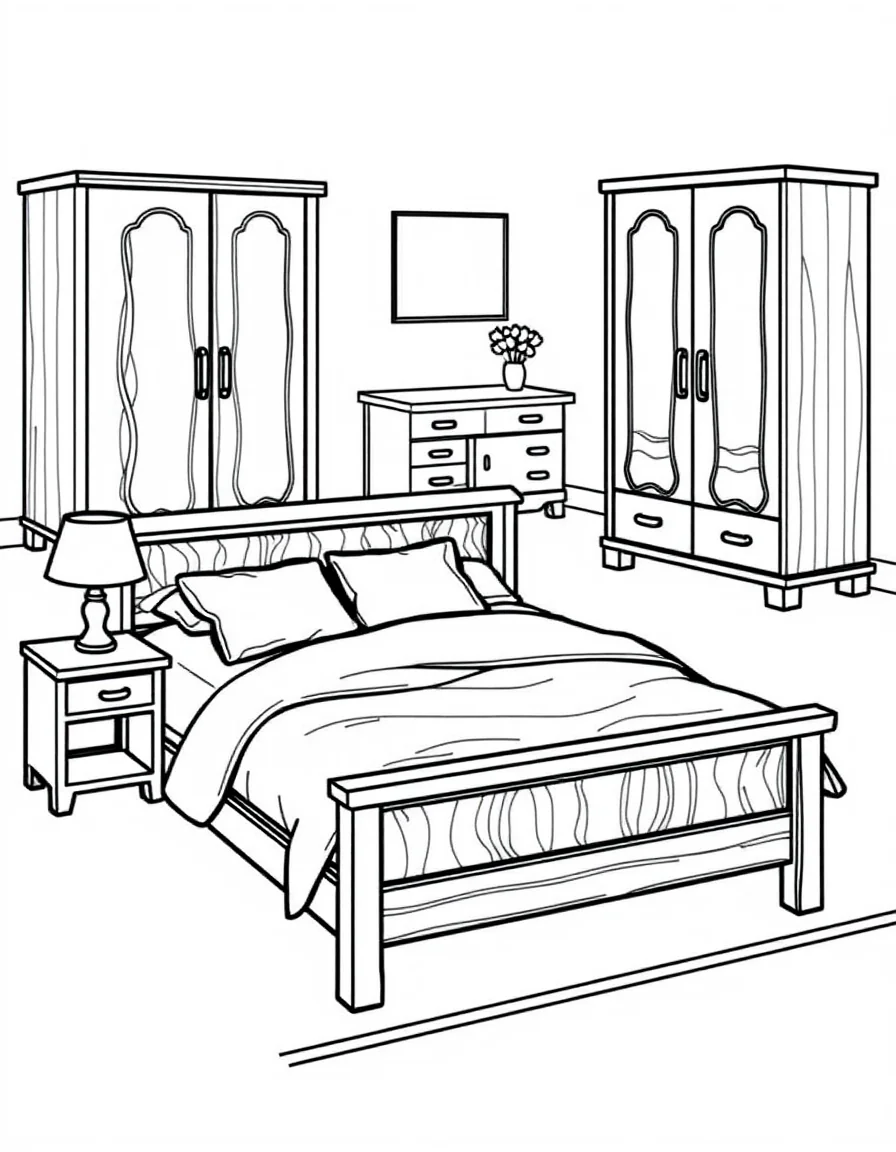 Coloriage Meubles - Mobilier de chambre comprenant un lit en bois avec oreillers moelleux, table de chevet et grande armoire, traits nets.