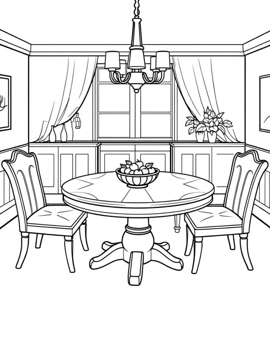 Coloriage Meubles - Mobilier de salle à manger avec grande table en bois entourée de quatre chaises et corbeille de fruits, dessin simple.