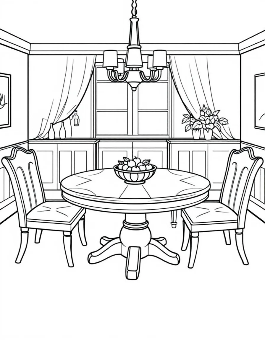 Coloriage Meubles - Mobilier de salle à manger avec grande table en bois entourée de quatre chaises et corbeille de fruits, dessin simple.