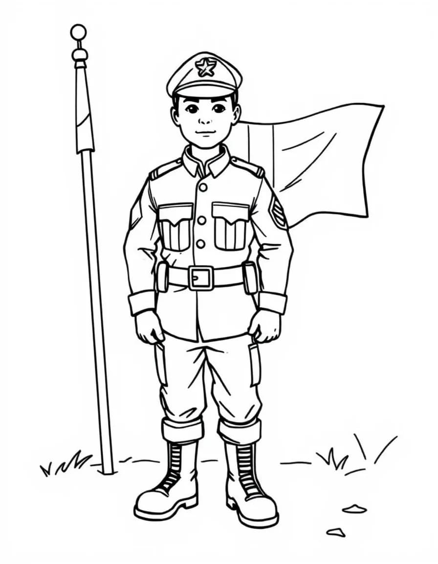 Coloriage Militaire - Soldat courageux au garde-à-vous en uniforme impeccable avec béret et bottes devant le drapeau, contours nets.
