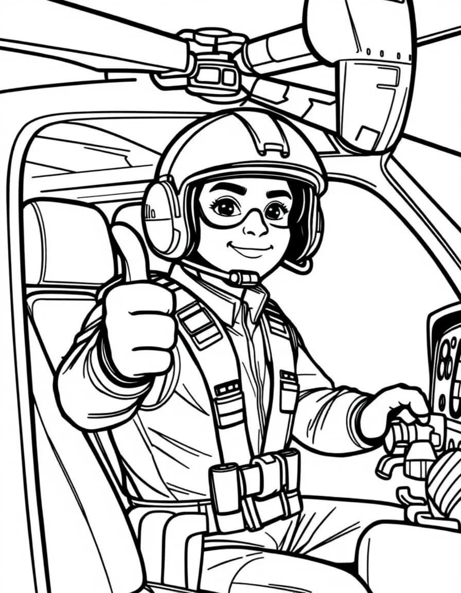 Coloriage Militaire - Pilote d'hélicoptère de sauvetage militaire en combinaison de vol faisant un signe du pouce près de son appareil, traits nets.