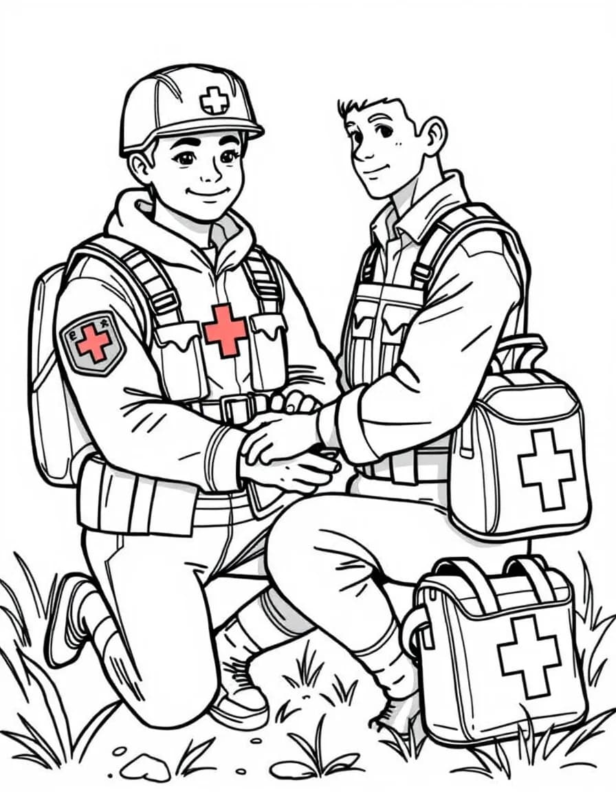 Coloriage Militaire - Infirmier militaire soignant la main d'un camarade avec sa trousse de secours à croix rouge, dessin simple.