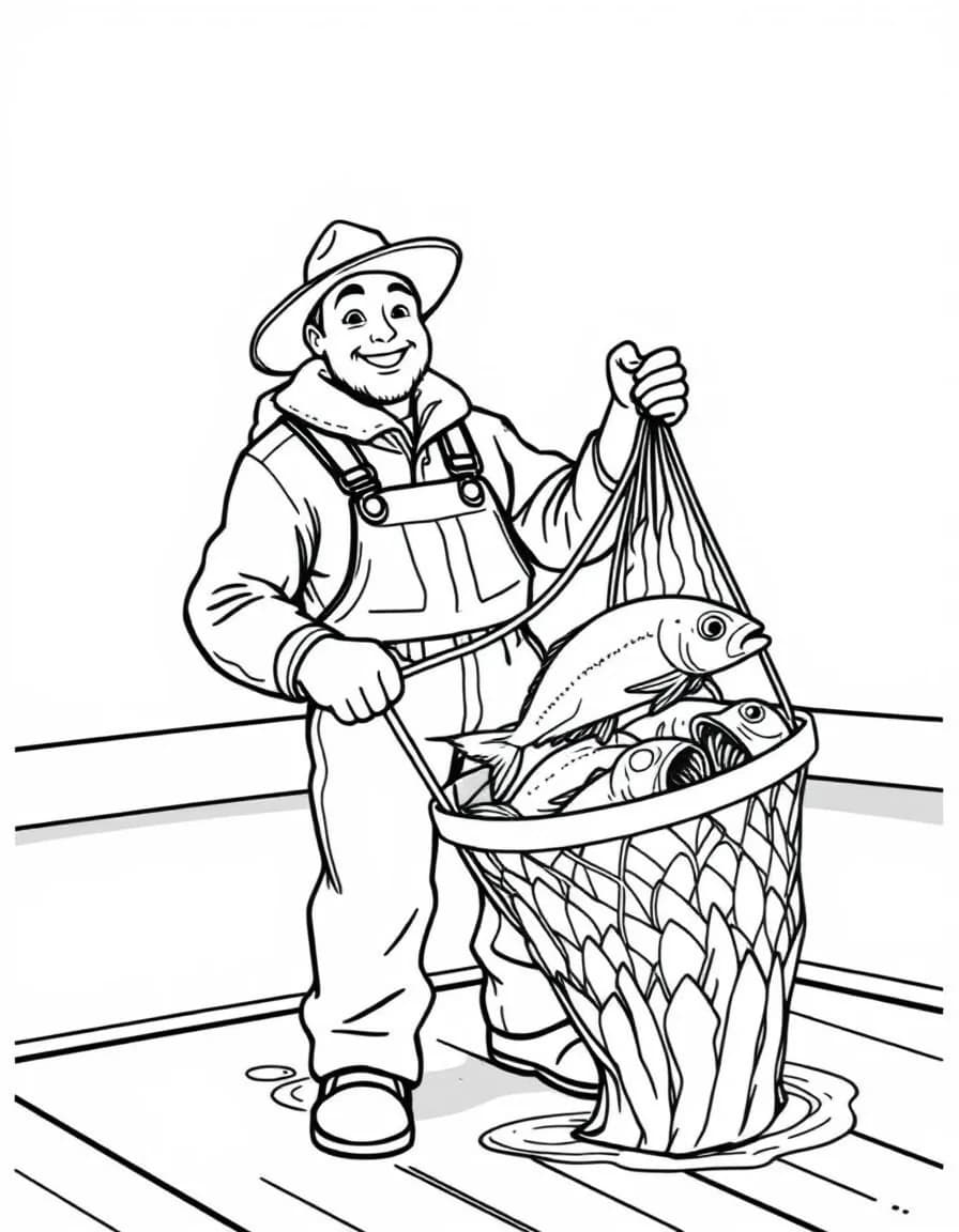 Coloriage Pêcheur - Pêcheur souriant en ciré jaune et suroît remontant un filet garni de poissons sur le pont de son chalutier, contours nets.