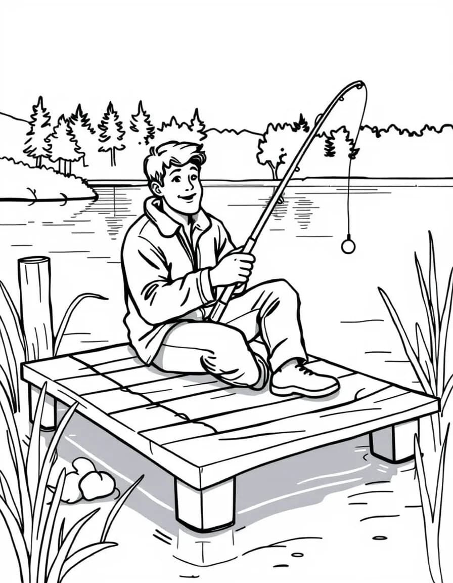 Coloriage Pêcheur - Pêcheur assis sur un ponton de bois tenant sa canne à pêche avec un bouchon flottant sur le lac calme, traits nets.