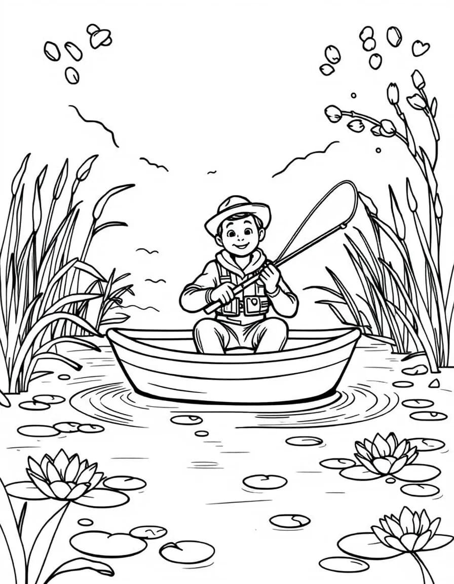 Coloriage Pêcheur - Pêcheur en barque de bois lançant sa ligne au milieu des roseaux et des nénuphars sur une rivière paisible, dessin simple.
