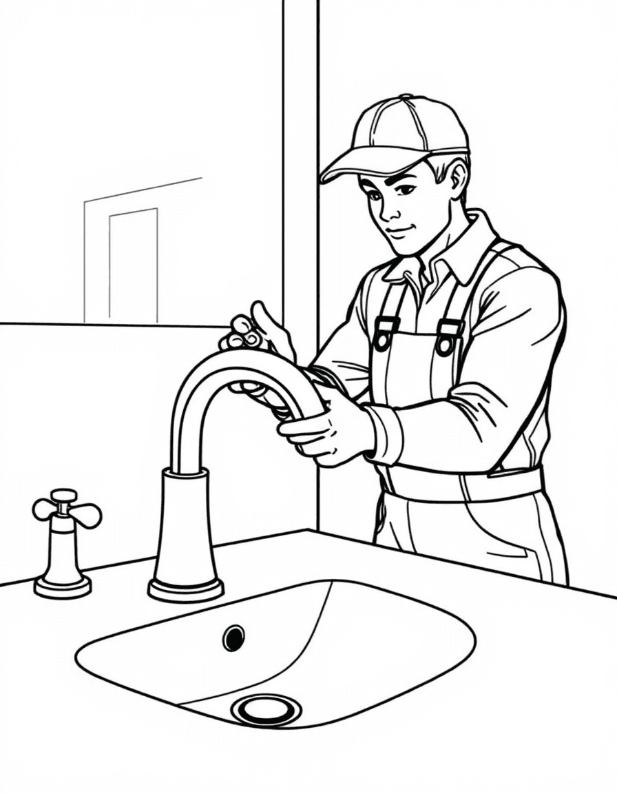 Coloriage Plombier - Plombier installant un beau robinet chromé tout neuf avec manettes d'eau chaude et froide, traits nets sans ombrage.