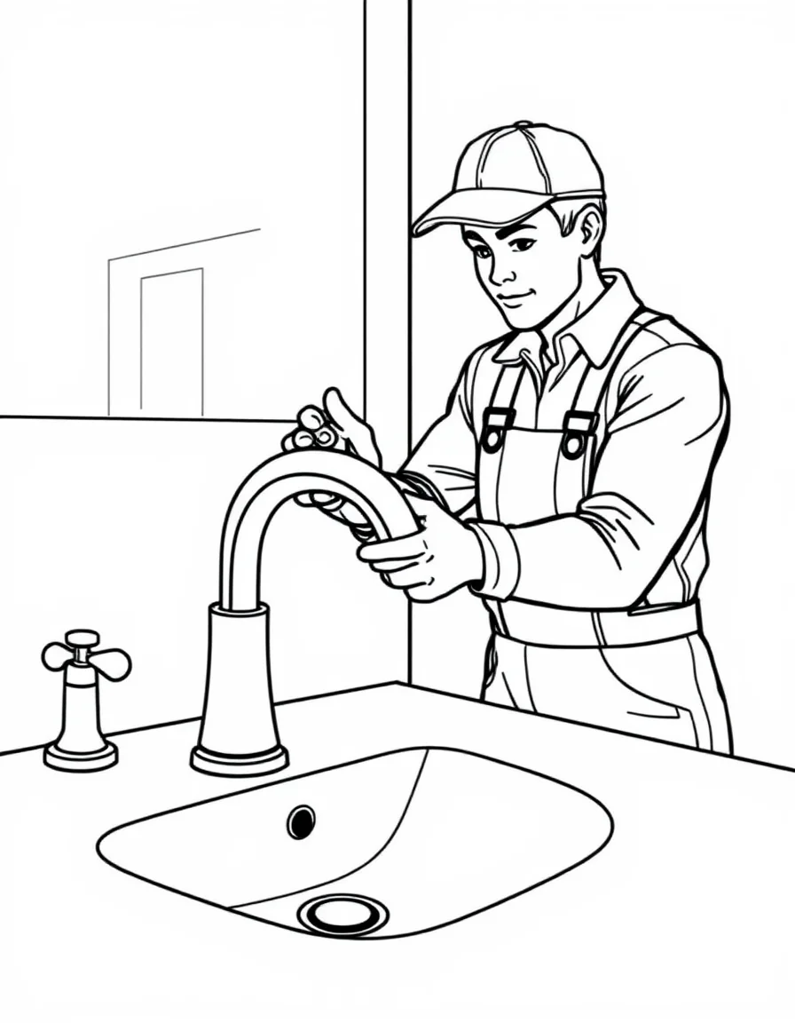 Coloriage Plombier - Plombier installant un beau robinet chromé tout neuf avec manettes d'eau chaude et froide, traits nets sans ombrage.