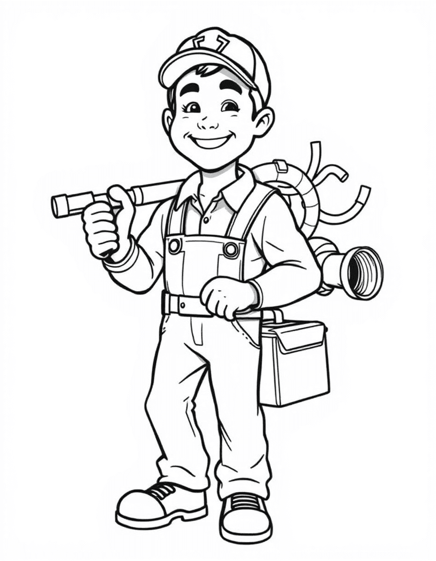 Coloriage Plombier - Plombier portant sa boîte à outils et des tuyaux de cuivre sur l'épaule avec un grand sourire, dessin simple.