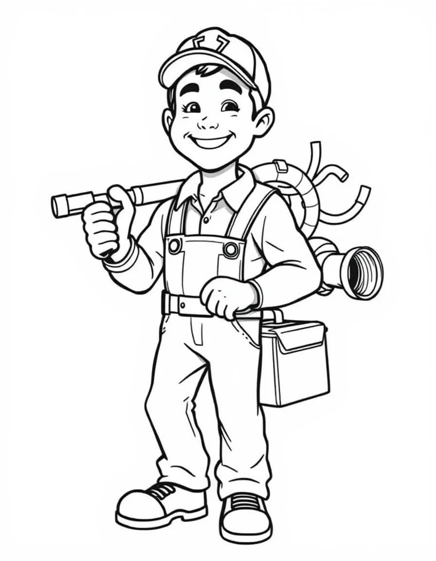 Coloriage Plombier - Plombier portant sa boîte à outils et des tuyaux de cuivre sur l'épaule avec un grand sourire, dessin simple.