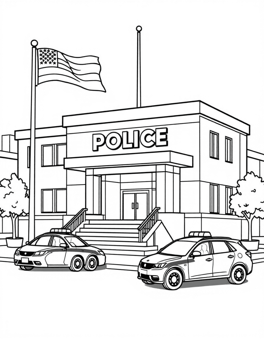 Coloriage Police - Hôtel de police de ville moderne avec drapeau, escalier d'entrée et voitures de patrouille garées devant, contours nets.