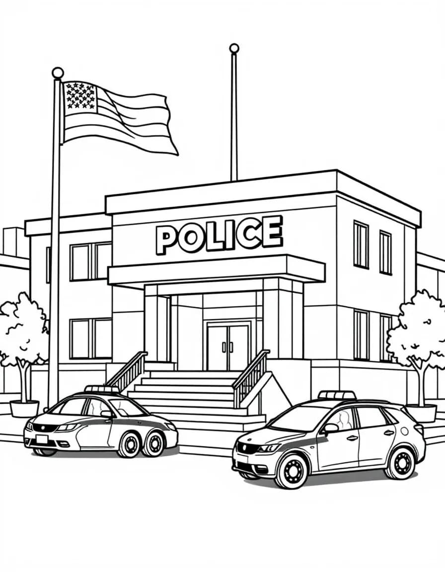 Coloriage Police - Hôtel de police de ville moderne avec drapeau, escalier d'entrée et voitures de patrouille garées devant, contours nets.