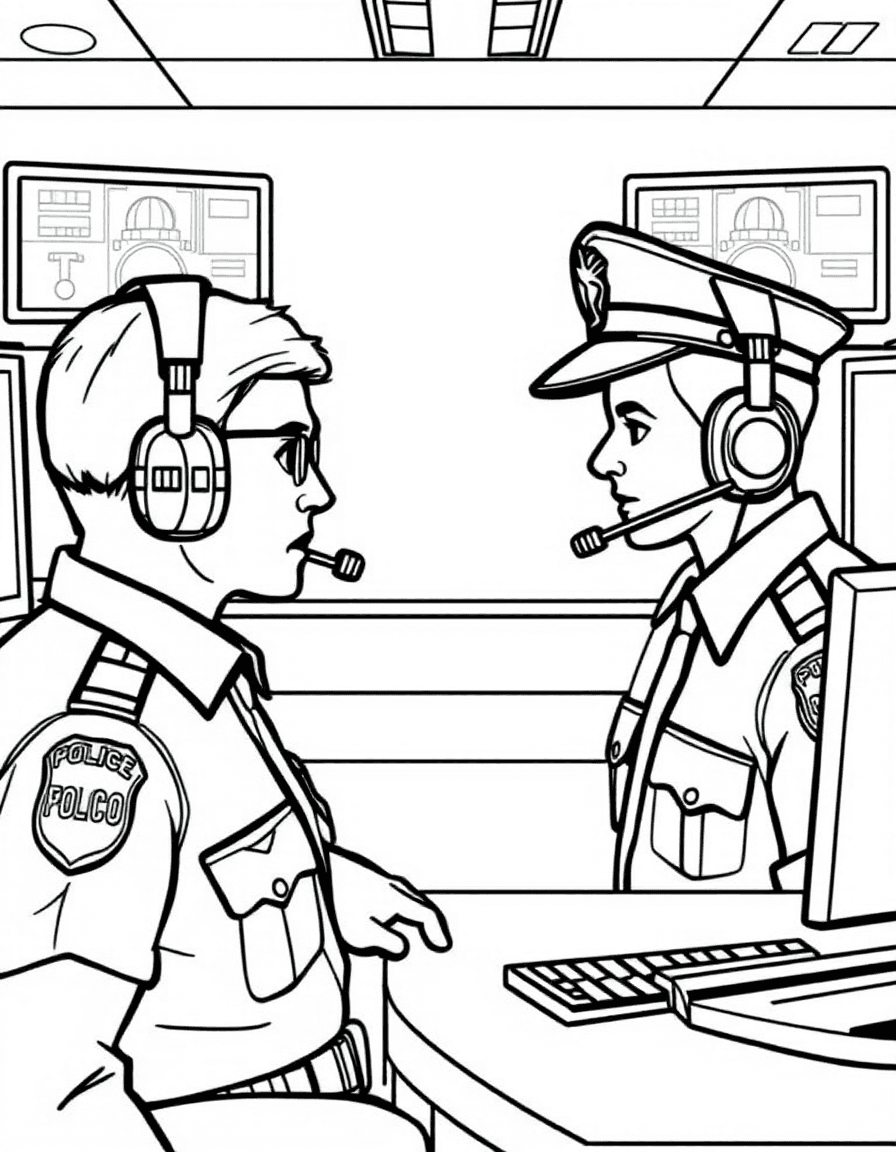 Coloriage Police - Centre de commandement et d'appels de la police avec opérateurs radio devant leurs écrans de contrôle, traits nets.
