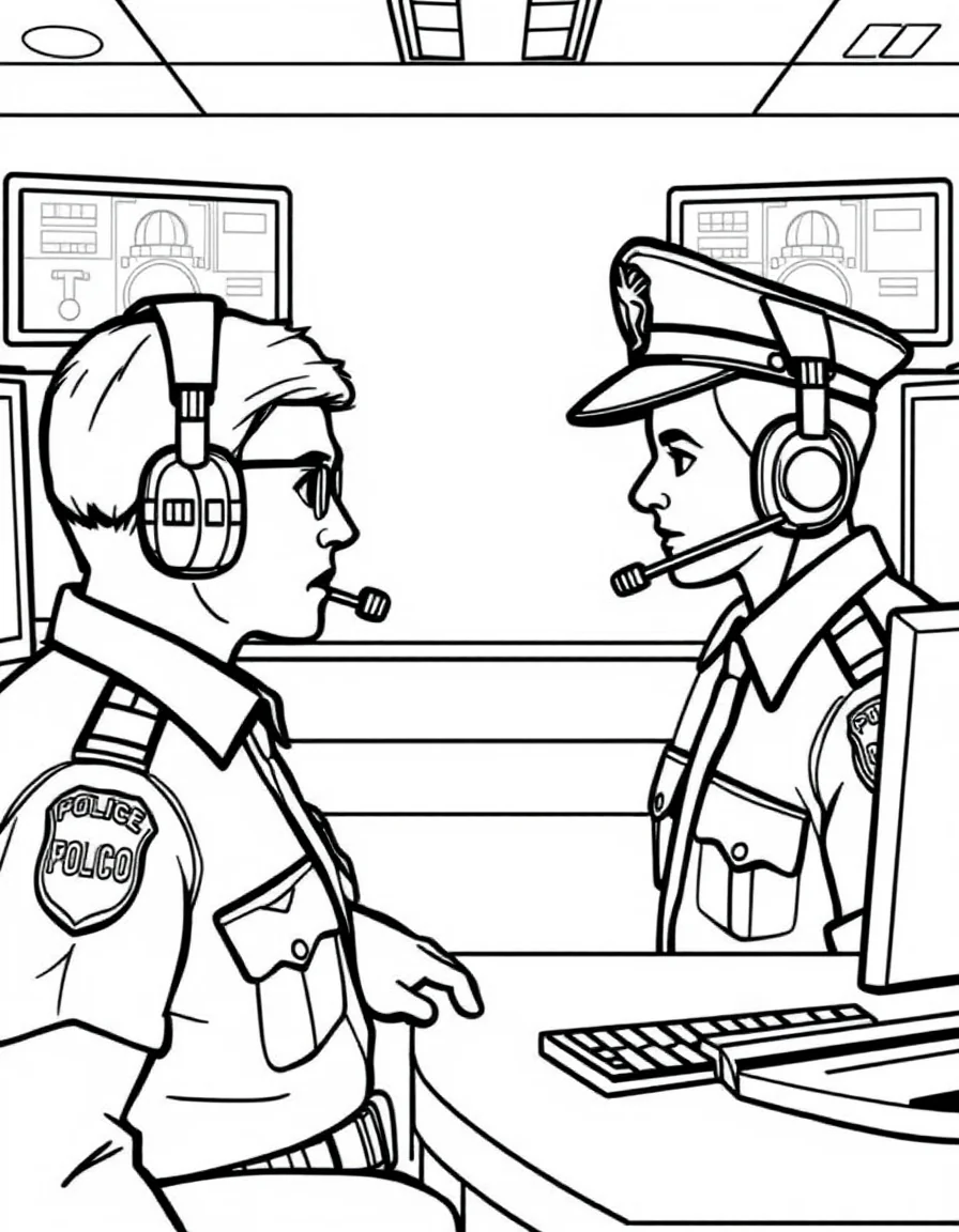 Coloriage Police - Centre de commandement et d'appels de la police avec opérateurs radio devant leurs écrans de contrôle, traits nets.