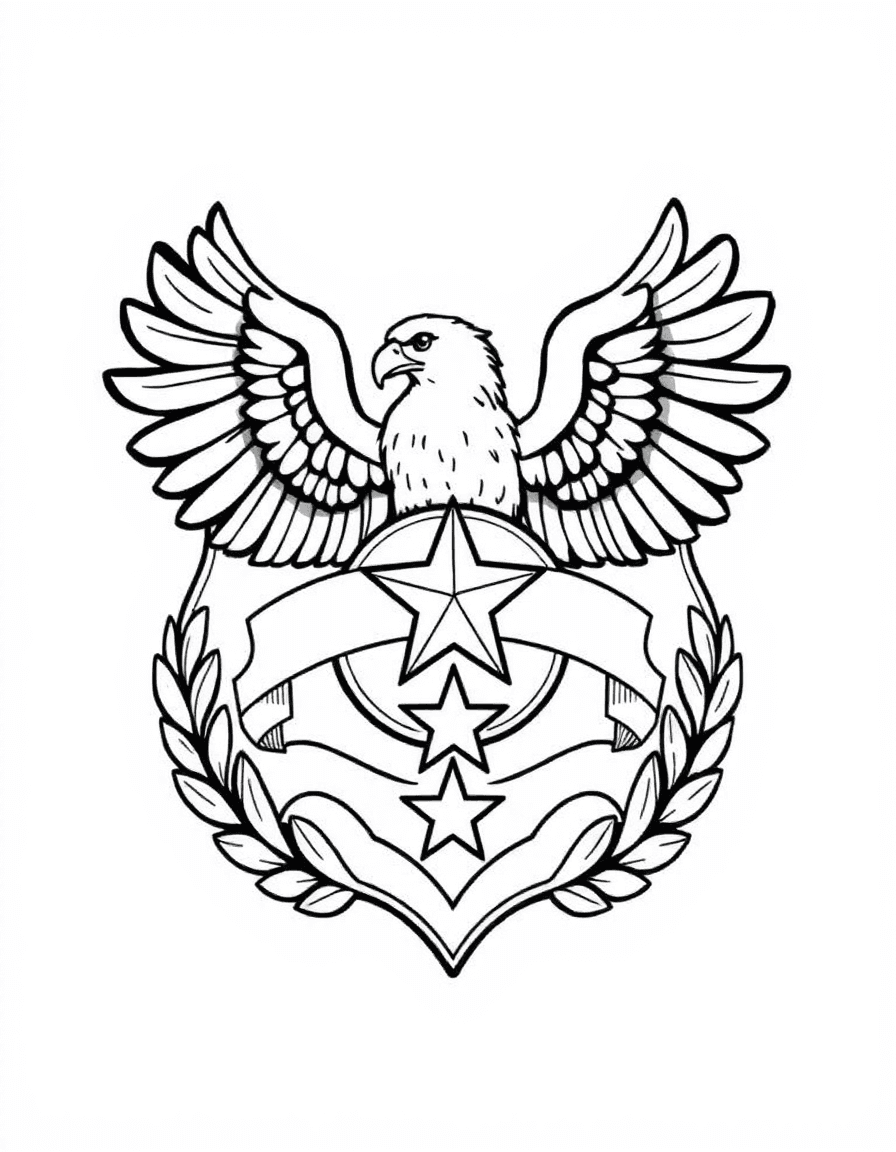 Coloriage Police - Insigne officiel de police avec aigle déployé, étoile à cinq branches et branches de laurier, dessin simple.