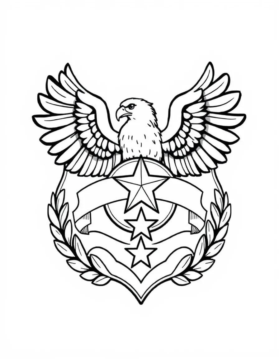 Coloriage Police - Insigne officiel de police avec aigle déployé, étoile à cinq branches et branches de laurier, dessin simple.