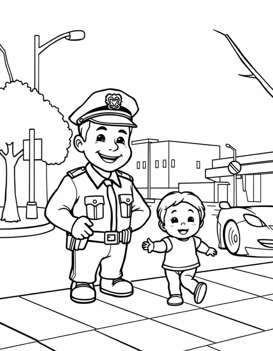Coloriage Policier - Policier bienveillant en casquette souriant et aidant un enfant à traverser sur le passage piéton, contours nets.