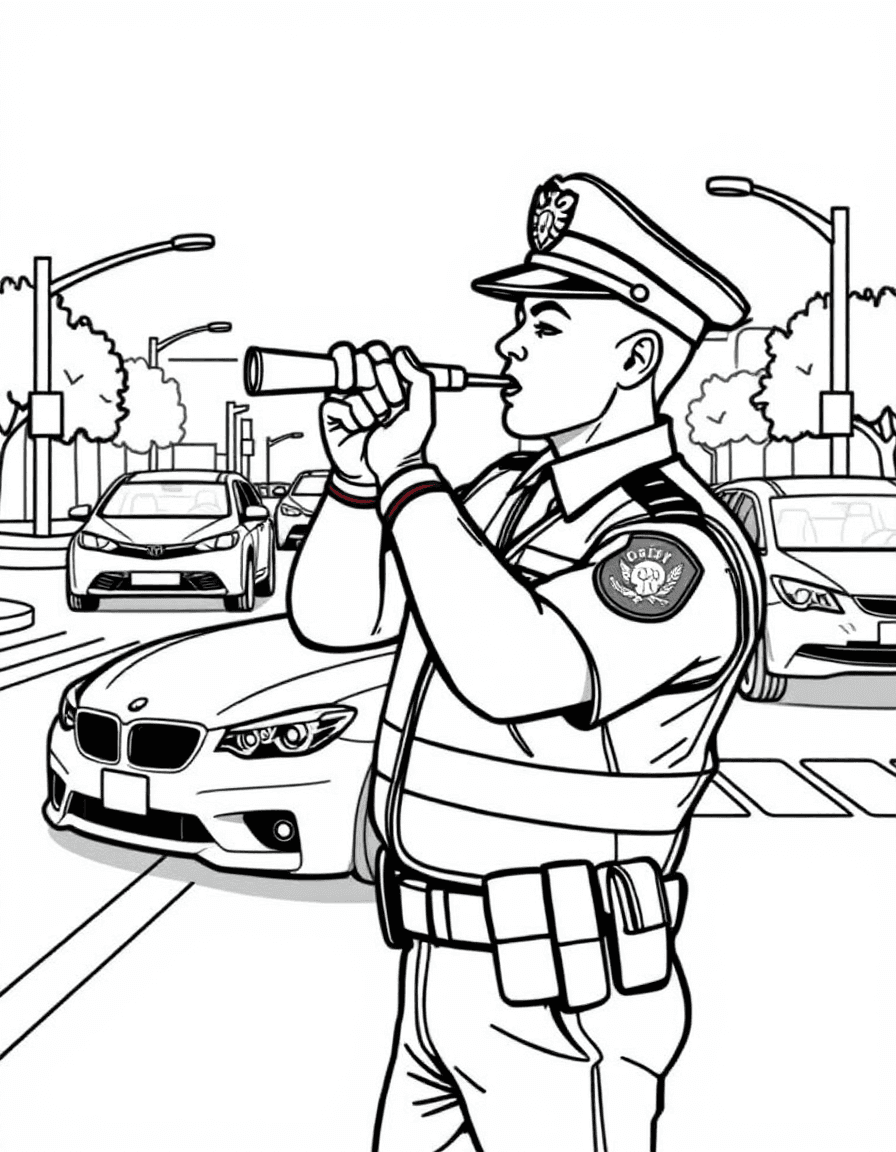 Coloriage Policier - Agent de police de la circulation en gilet fluo sifflant et régulant le trafic au carrefour, traits nets.