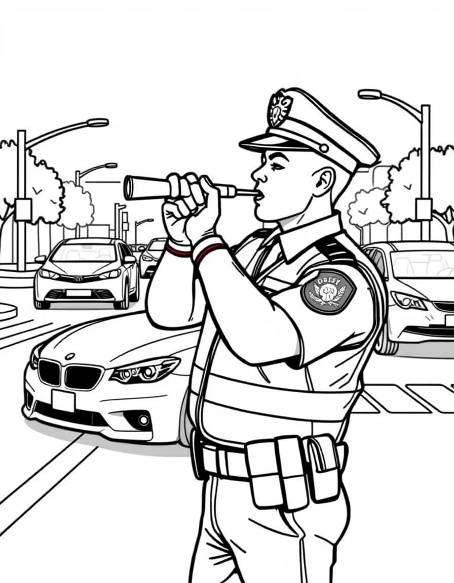 Coloriage Policier - Agent de police de la circulation en gilet fluo sifflant et régulant le trafic au carrefour, traits nets.