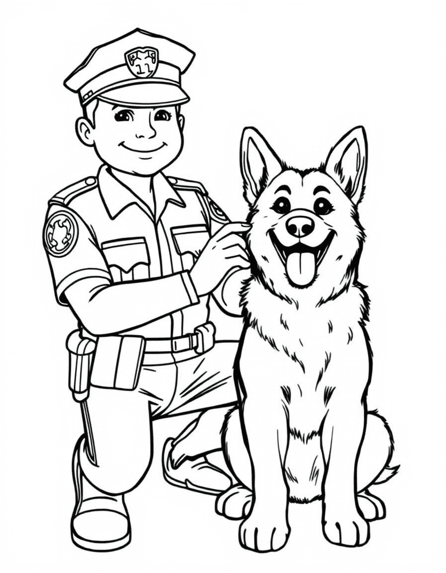Coloriage Policier - Policier caressant son fidèle chien policier berger allemand assis sagement à ses côtés, dessin simple.