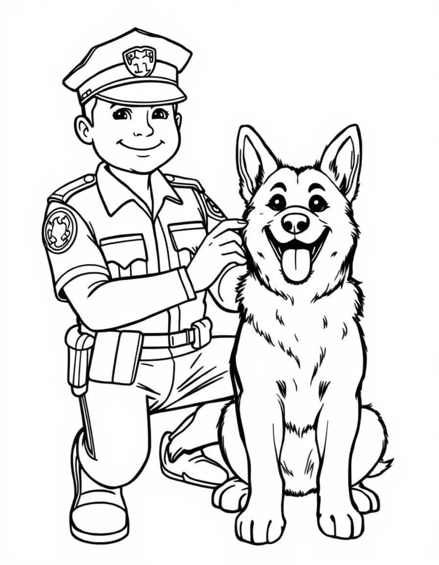 Coloriage Policier - Policier caressant son fidèle chien policier berger allemand assis sagement à ses côtés, dessin simple.