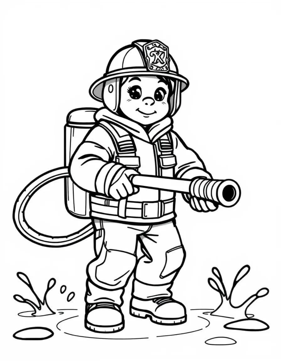 Coloriage Pompier - Pompier courageux en tenue de protection et casque tenant une lance d'incendie projetant de l'eau, contours nets.