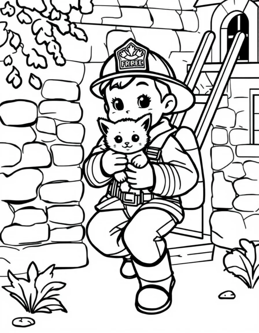 Coloriage Pompier - Pompier bienveillant descendant d'une échelle avec un petit chaton sauvé blotti dans ses bras, traits nets.