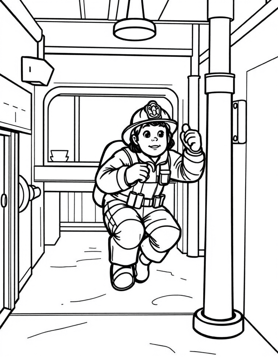 Coloriage Pompier - Pompier glissant le long de la rampe en laiton de la caserne pour partir en intervention rapide, dessin simple.