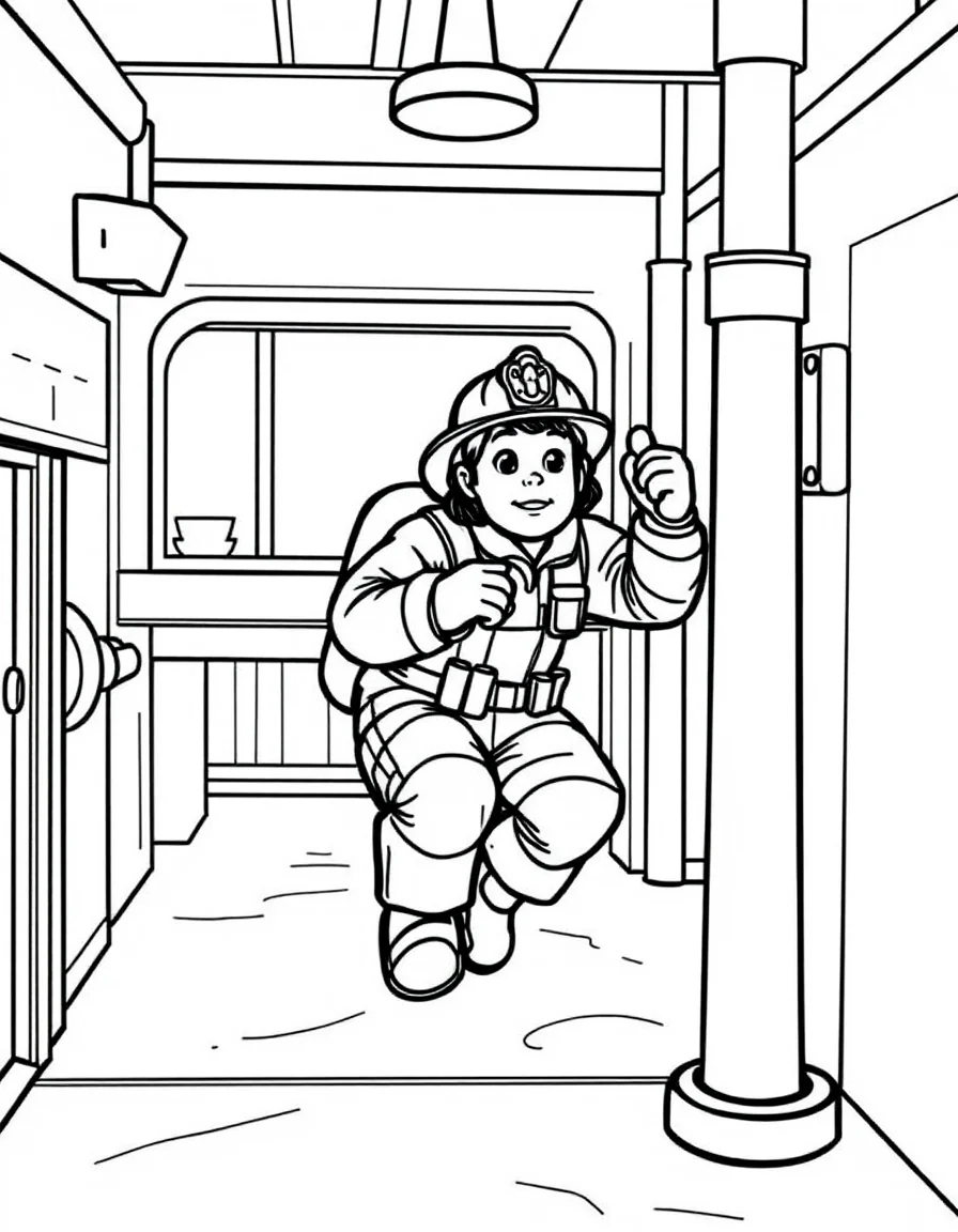 Coloriage Pompier - Pompier glissant le long de la rampe en laiton de la caserne pour partir en intervention rapide, dessin simple.