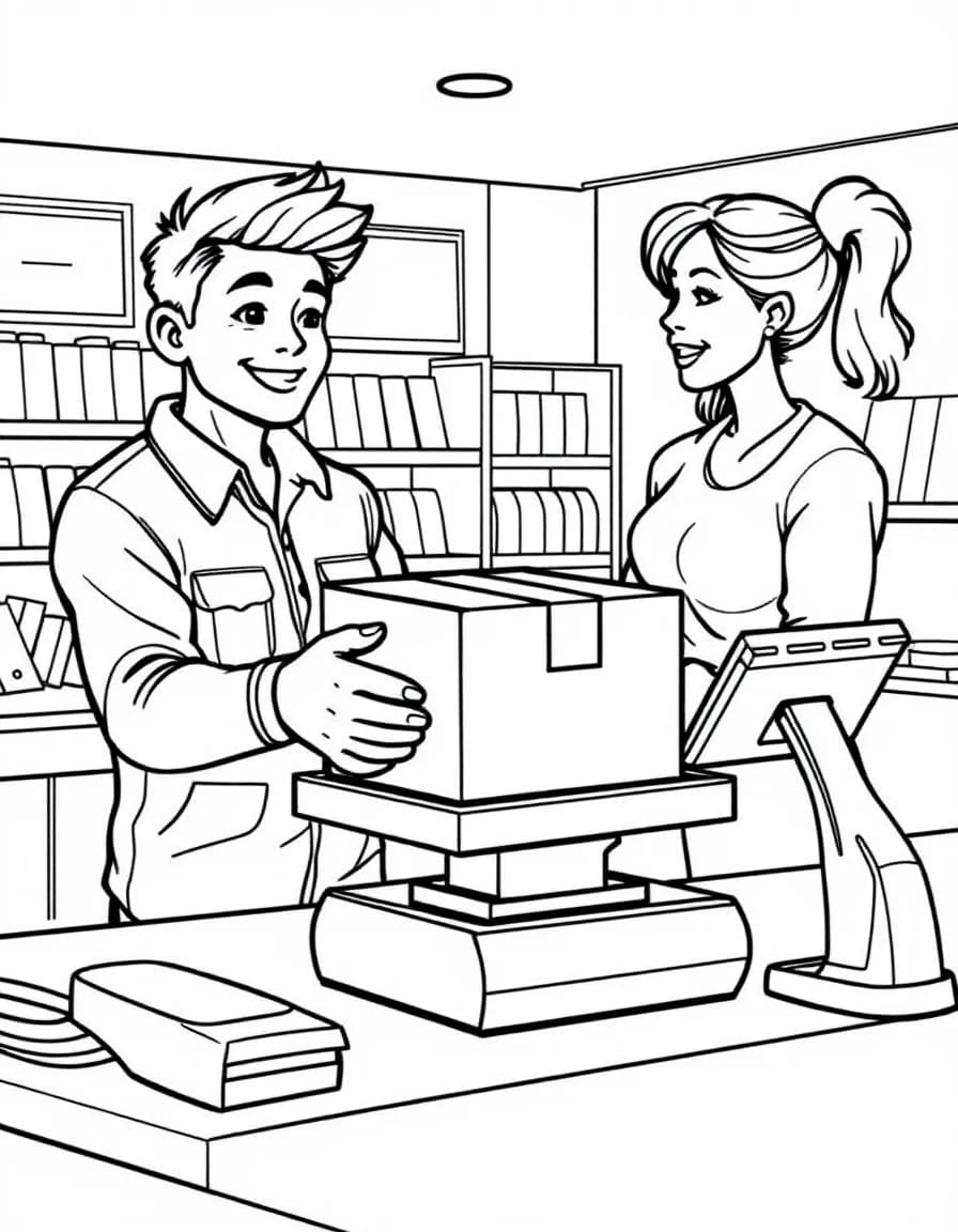 Coloriage Postier - Guichetier de la poste pesant un colis en carton sur la balance électronique devant un client, contours nets.