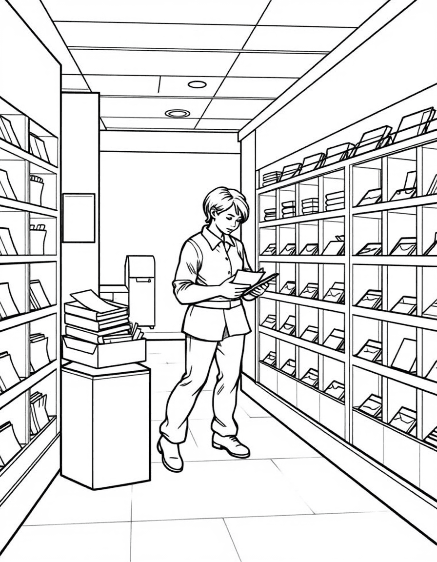 Coloriage Postier - Agent postal triant rapidement les lettres et cartes dans les casiers alvéolés du centre de tri, traits nets.