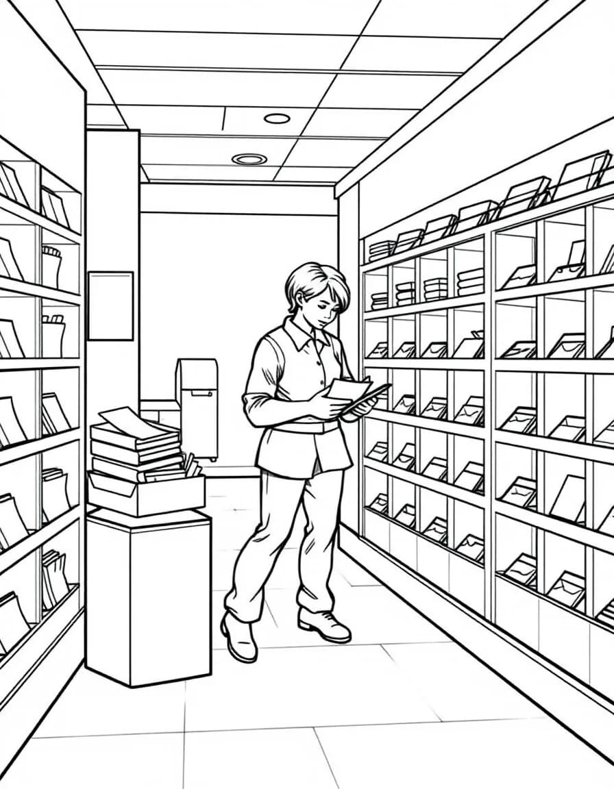 Coloriage Postier - Agent postal triant rapidement les lettres et cartes dans les casiers alvéolés du centre de tri, traits nets.