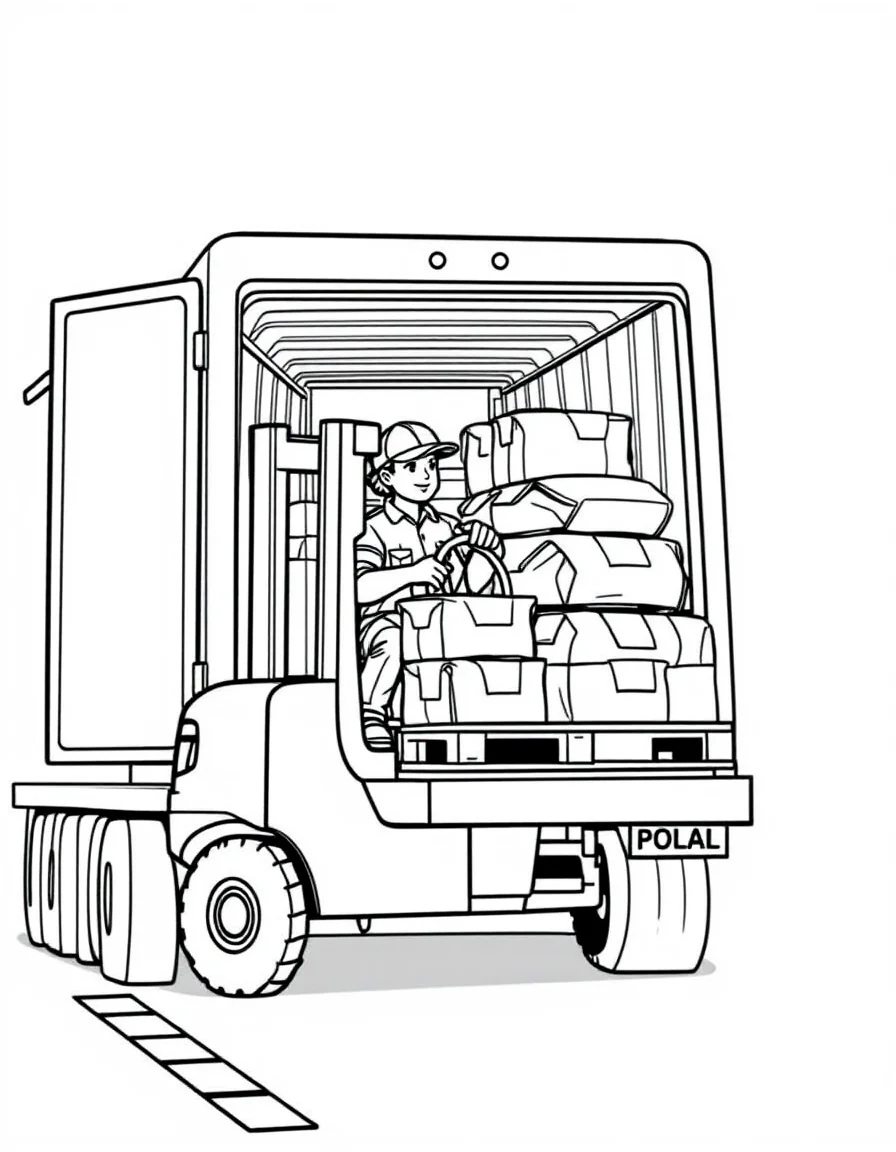 Coloriage Postier - Agent postal conduisant un chariot élévateur pour charger des palettes de sacs de courrier dans le camion, dessin simple.