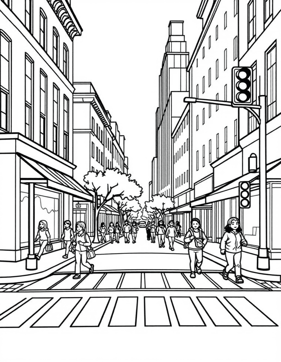 Coloriage Ville - Rue animée de la ville avec passages piétons, feux de signalisation, boutiques à auvents et passants, contours nets.