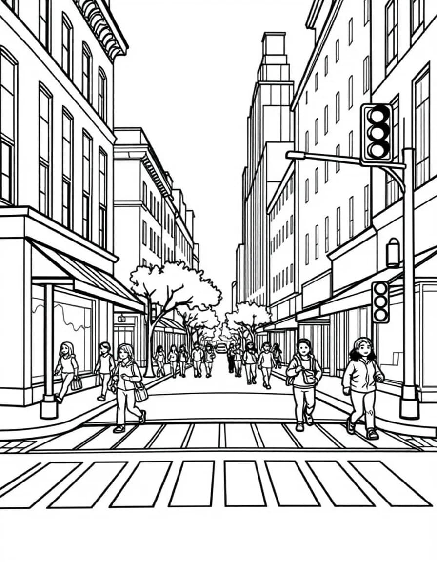 Coloriage Ville - Rue animée de la ville avec passages piétons, feux de signalisation, boutiques à auvents et passants, contours nets.