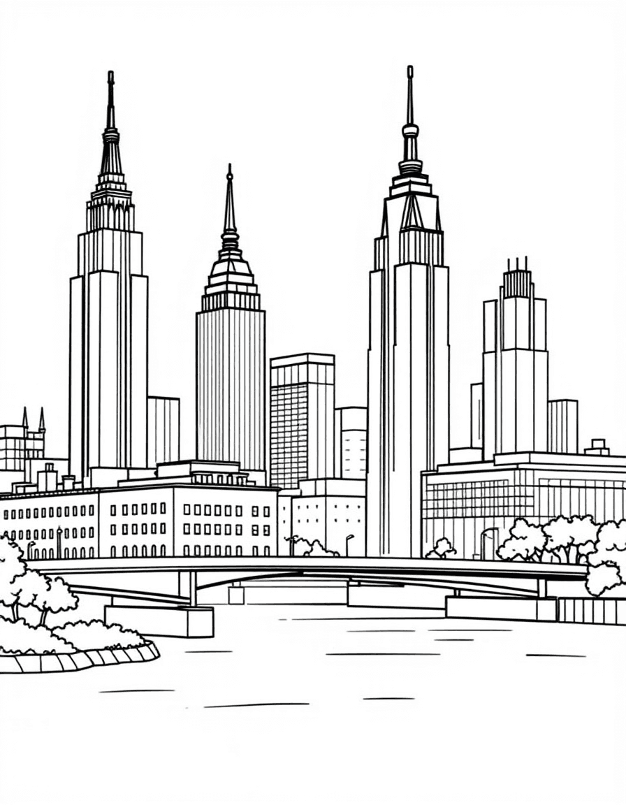 Coloriage Ville - Panorama de gratte-ciel urbains avec toits végétalisés et grand pont suspendu au-dessus d'un fleuve, traits nets.