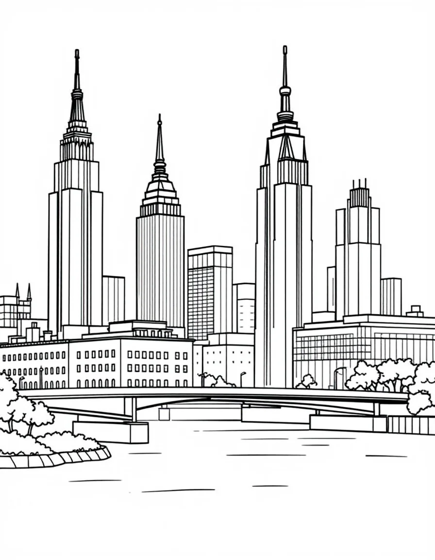 Coloriage Ville - Panorama de gratte-ciel urbains avec toits végétalisés et grand pont suspendu au-dessus d'un fleuve, traits nets.