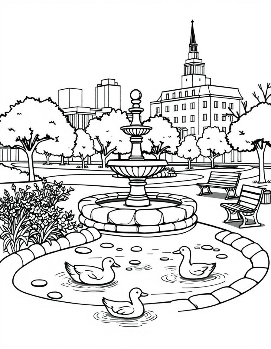 Coloriage Ville - Parc municipal paisible avec fontaine de pierre, bancs, massifs de fleurs et canards dans la mare, dessin simple.