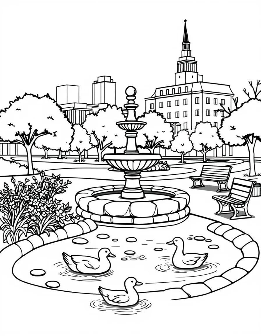 Coloriage Ville - Parc municipal paisible avec fontaine de pierre, bancs, massifs de fleurs et canards dans la mare, dessin simple.