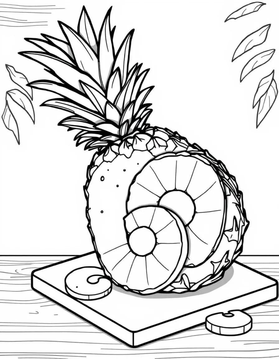 Coloriage Ananas - Ananas coupé en deux laissant voir sa chair juteuse et des tranches rondes découpées sur une planche, dessin clair.