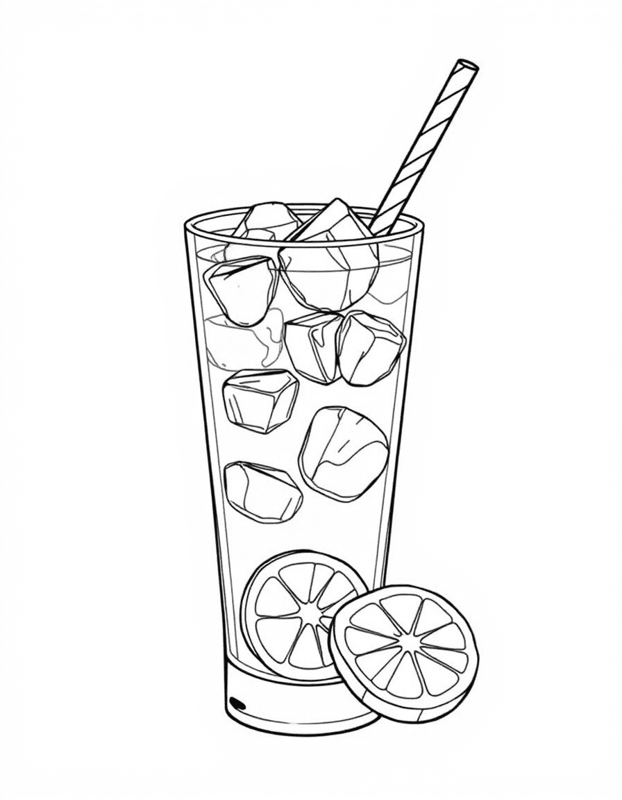 Coloriage Boissons - Grand verre de limonade pétillante avec glaçons, rondelles de citron frais et paille coudée rayée, contours nets.