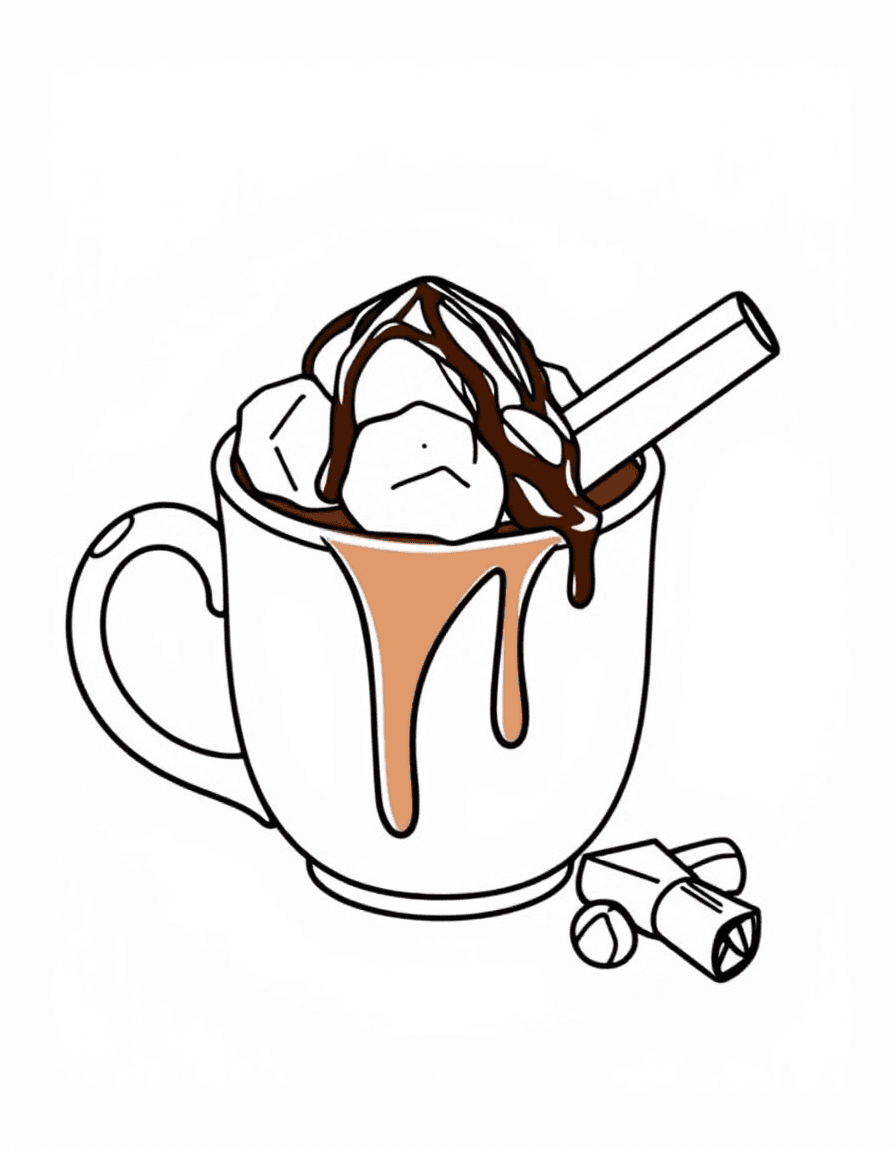 Coloriage Boissons - Tasse de chocolat chaud fumant garnie de petites guimauves fondantes et d'un bâton de cannelle, dessin clair.